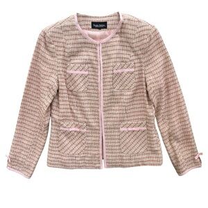 Sharon Anthony Women’s 8 Pet Baby Pink Tan Tweed Ribbon Bow Blazer Jacket Preppy